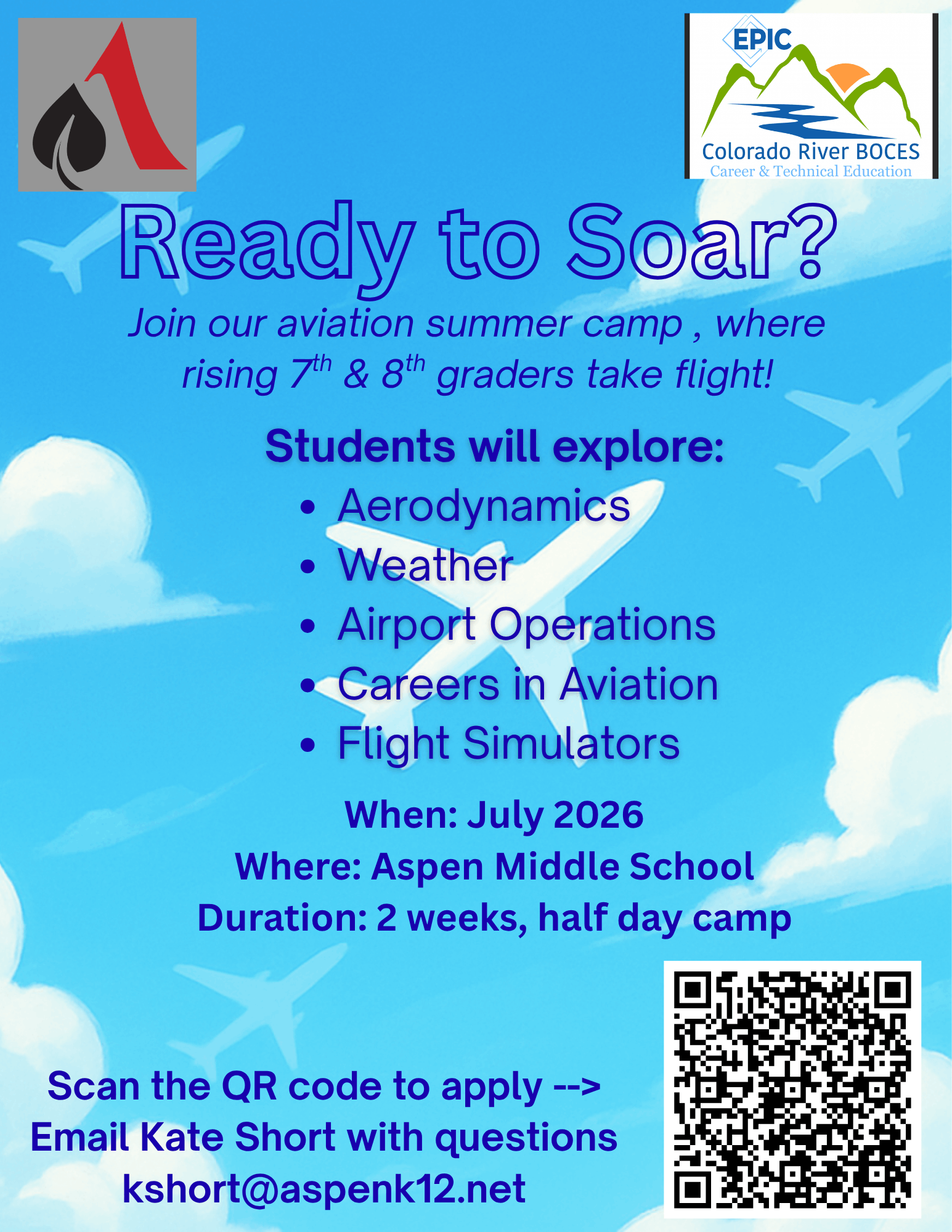 Aspen School District’s Aviation Summer Camp is open to rising 7th & 8th graders! Students will explore flight, weather, airport operations, and more.  📍 Aspen Middle School 🗓️ June or July 2026 | 2-week, half-day  📧 kshort@aspenk12.net